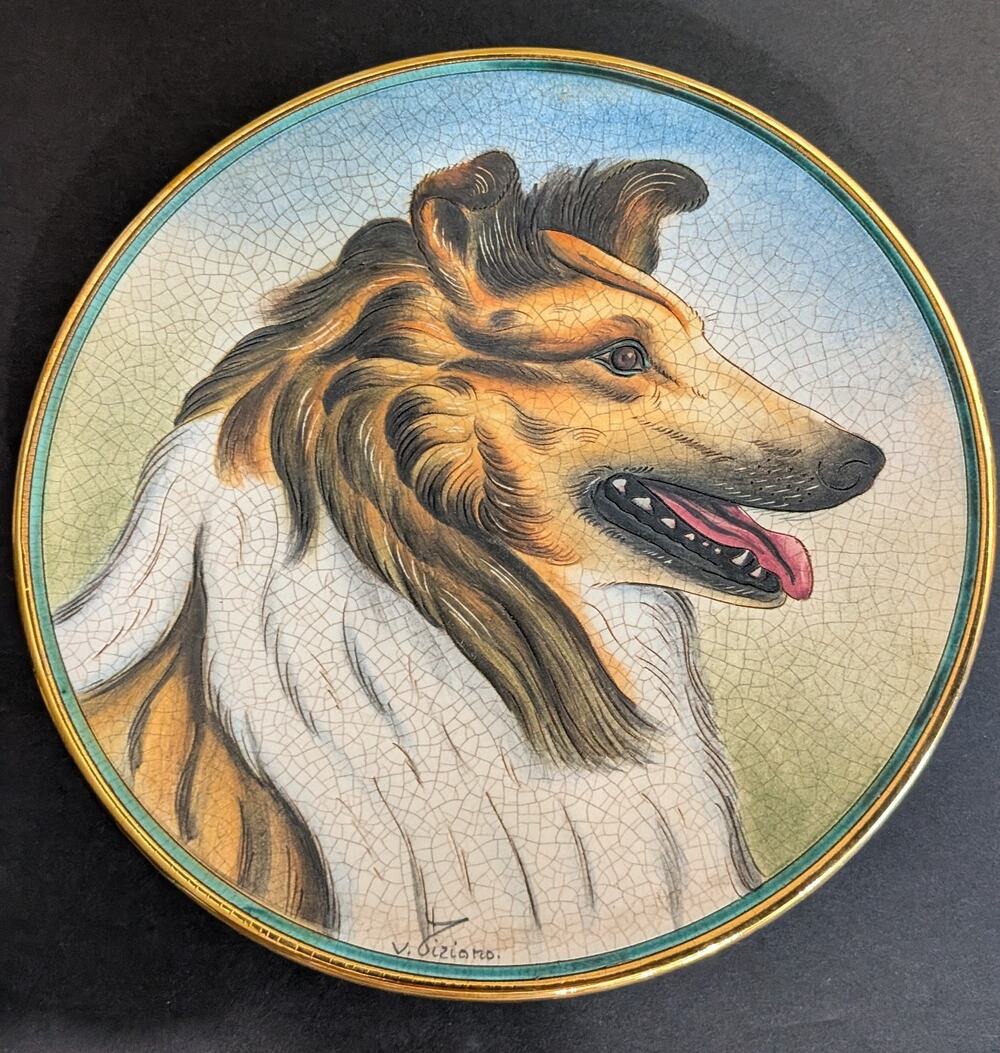 Tiziano Veneto Flair Etched Collie Dog Plate Vintage 1975 Signed